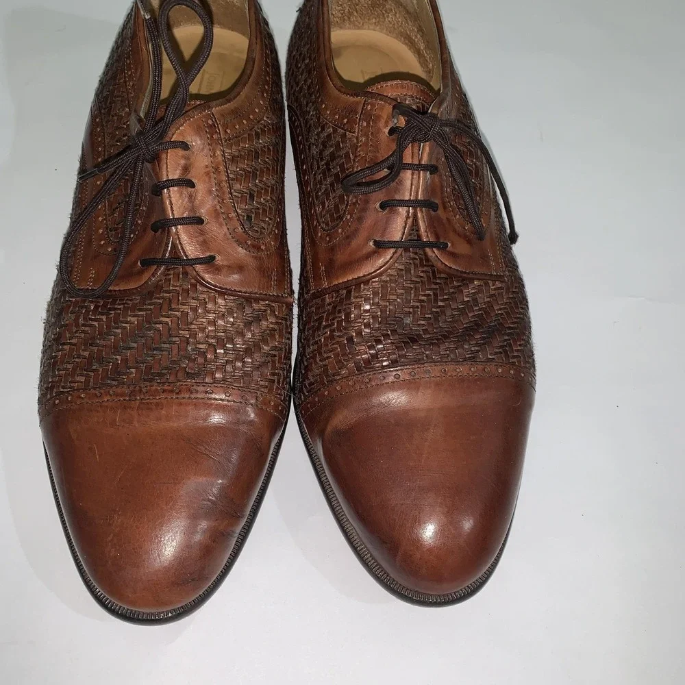 Johnston & Murphy Domani Shoes Mens 10.5 M Brown Woven Cap Toe Derby Dress Italy